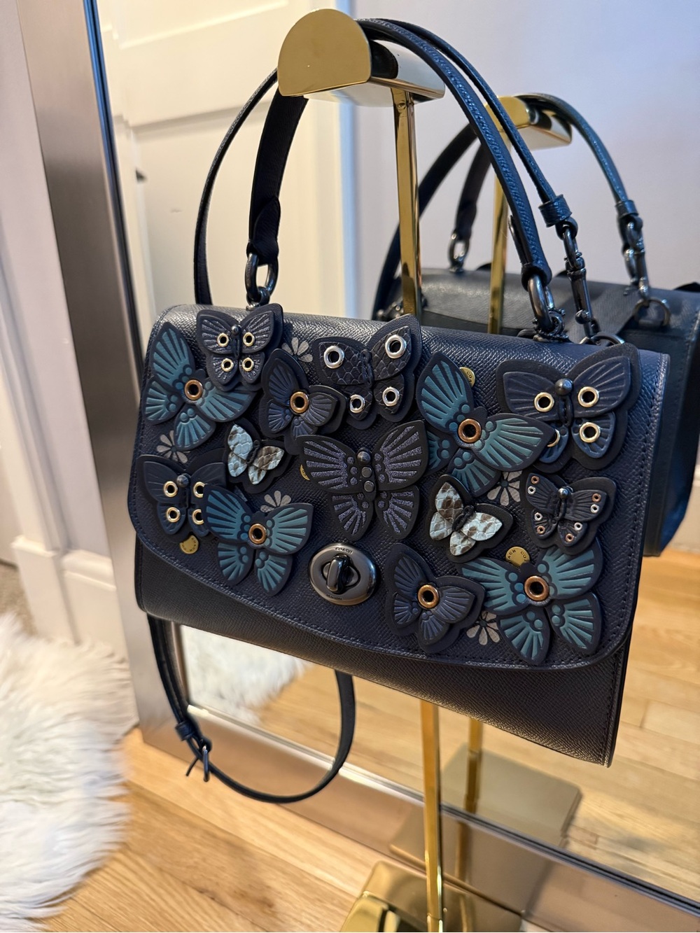 Coach Navy Leather Butterfly Appliqué Top-Handle Crossbody - Picture 2 of 12